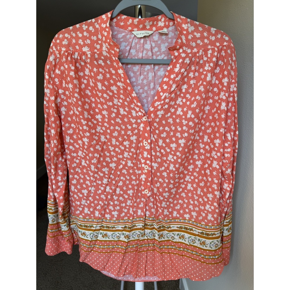 11.1 TYLHA Anthopologie Coral Floral Border Print Split V-Neck Blouse Top Size S